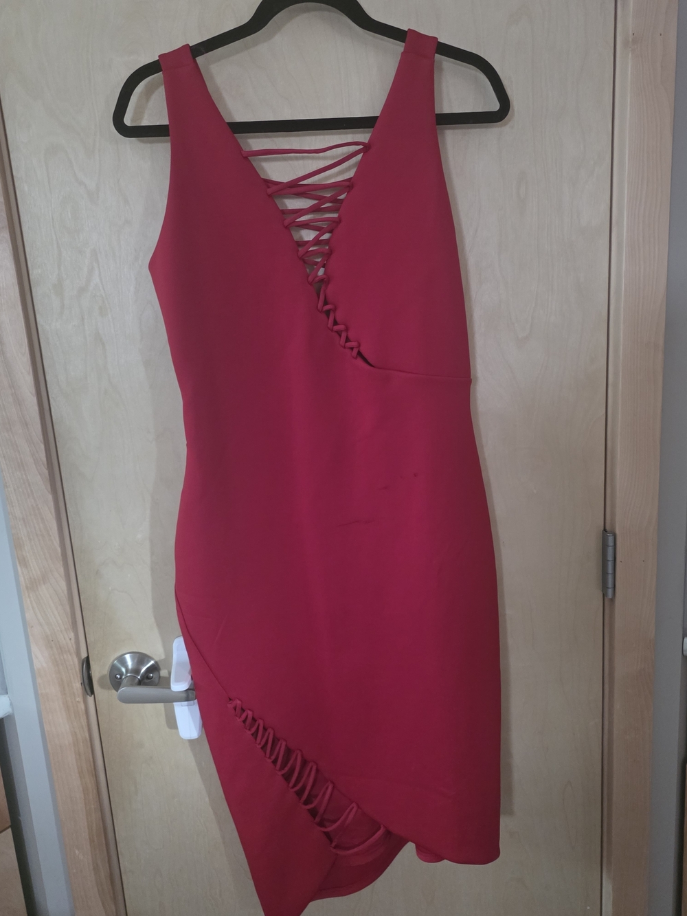 Red Lace-Up V-Neck Women’s Dress - Picture 2 of 3